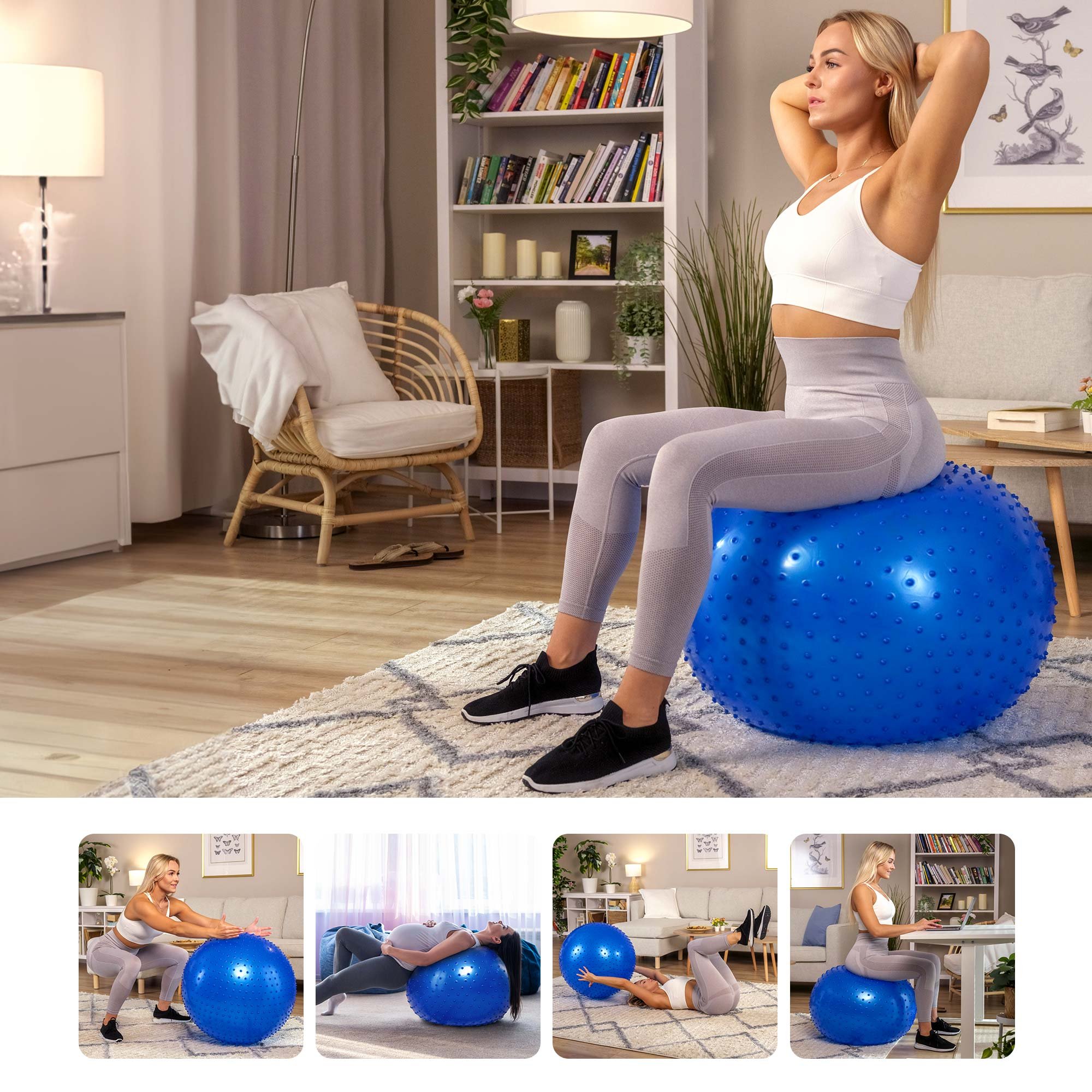 Vrouw oefent met de bal blauw