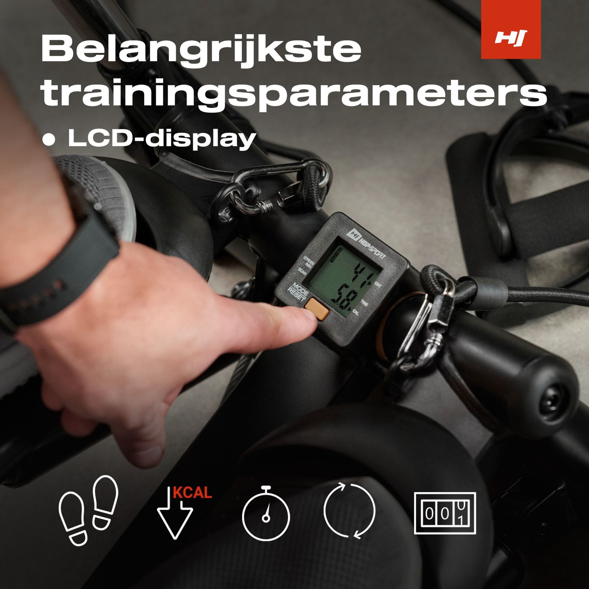 Close-up van de HS-050S Norg stepper met trainingscomputer en LCD-display.