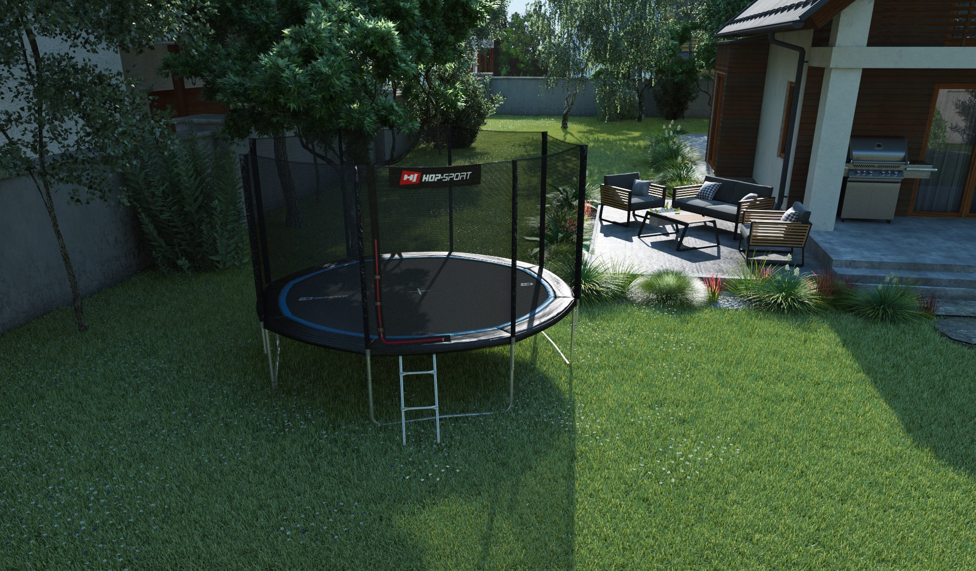 Buitentrampoline 12FT van Hop-Sport in de tuin