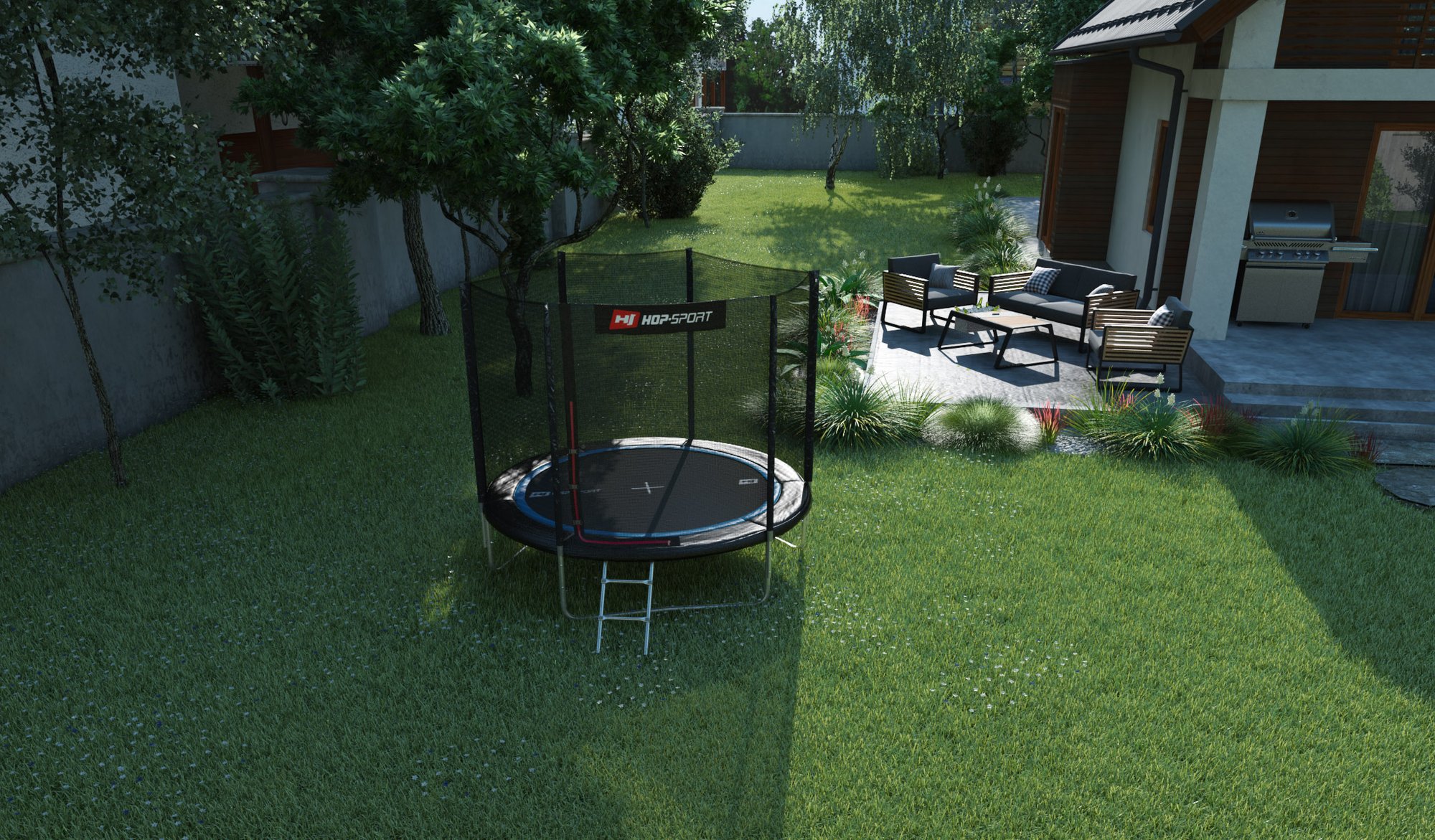 Buiten Trampoline 8FT van Hop-Sport in de tuin