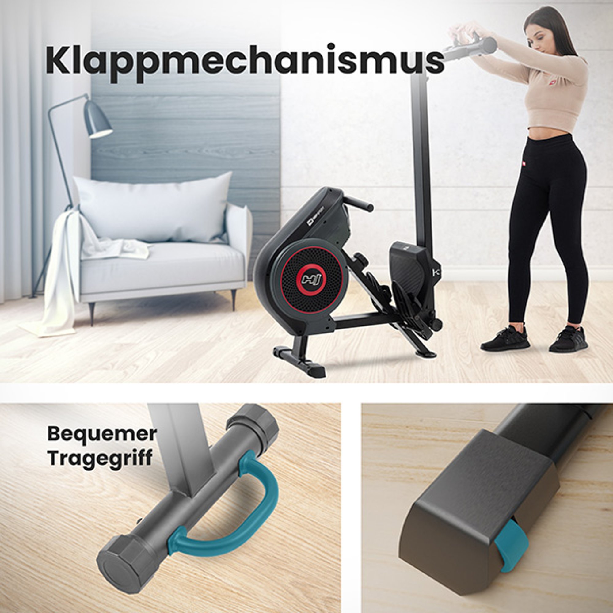 Opklapsysteem en transportwielen bij roeimachine 065AR Talon