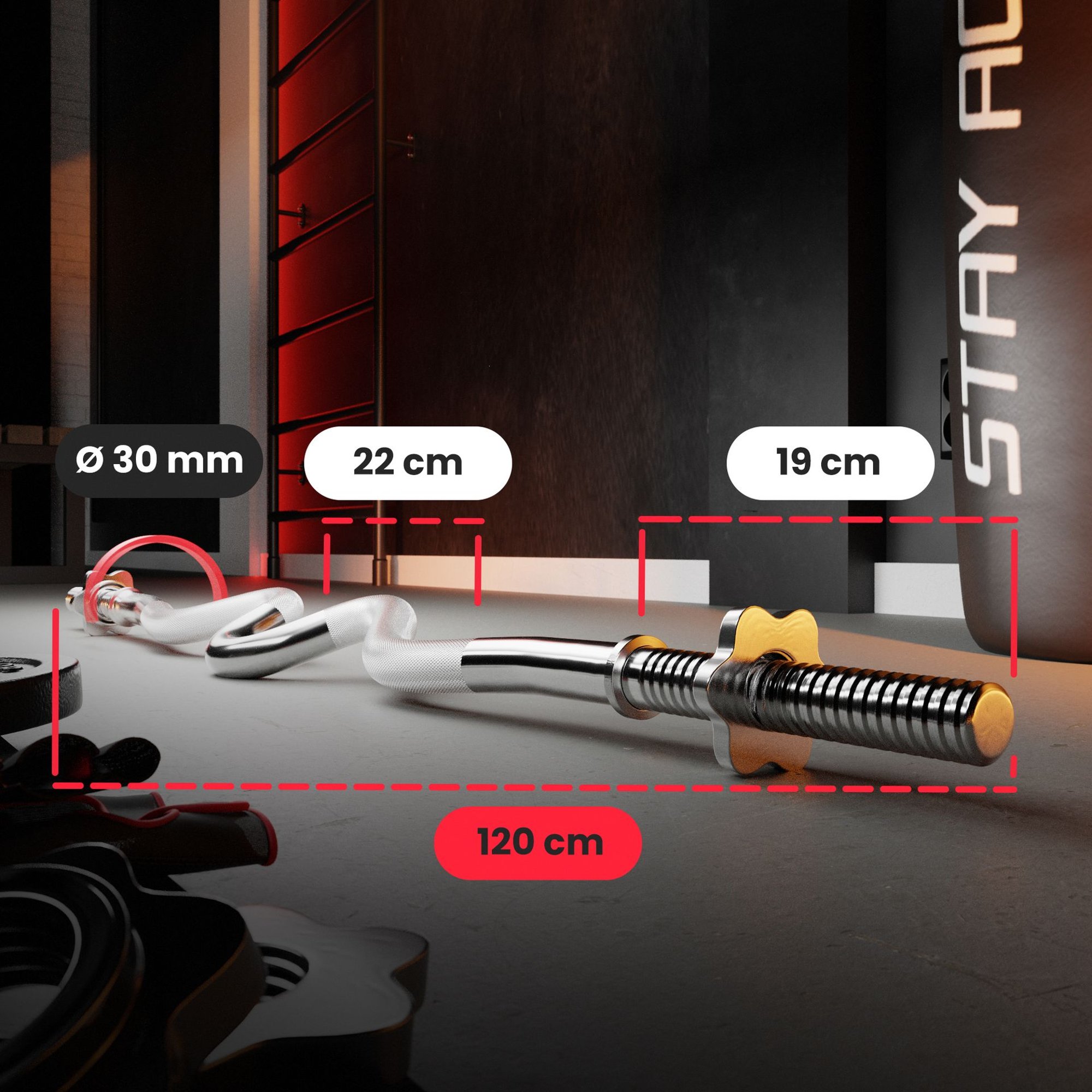 Compacte EZ-stang van 120 cm met comfortabele grip en gebogen vorm