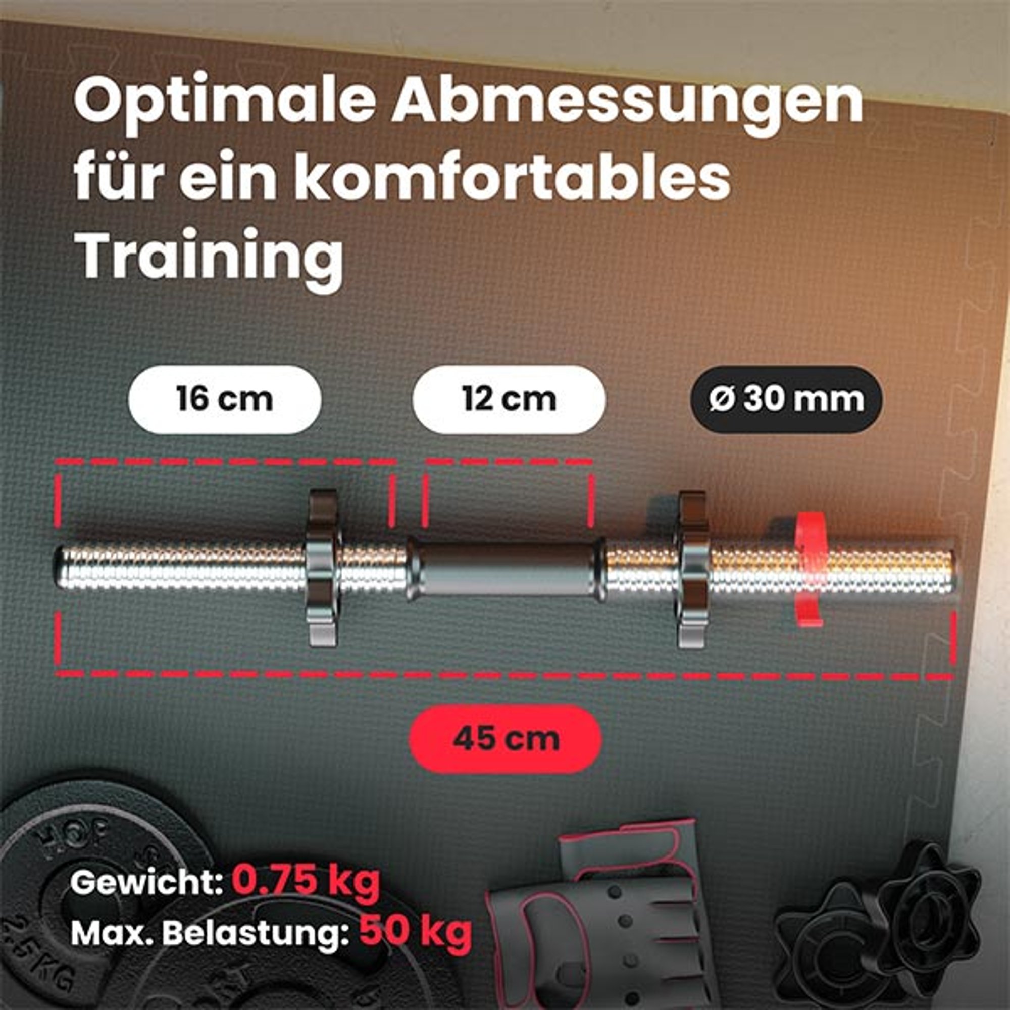 Afmetingen van de korte halterstang 45 cm met gewicht- en belastinggegevens