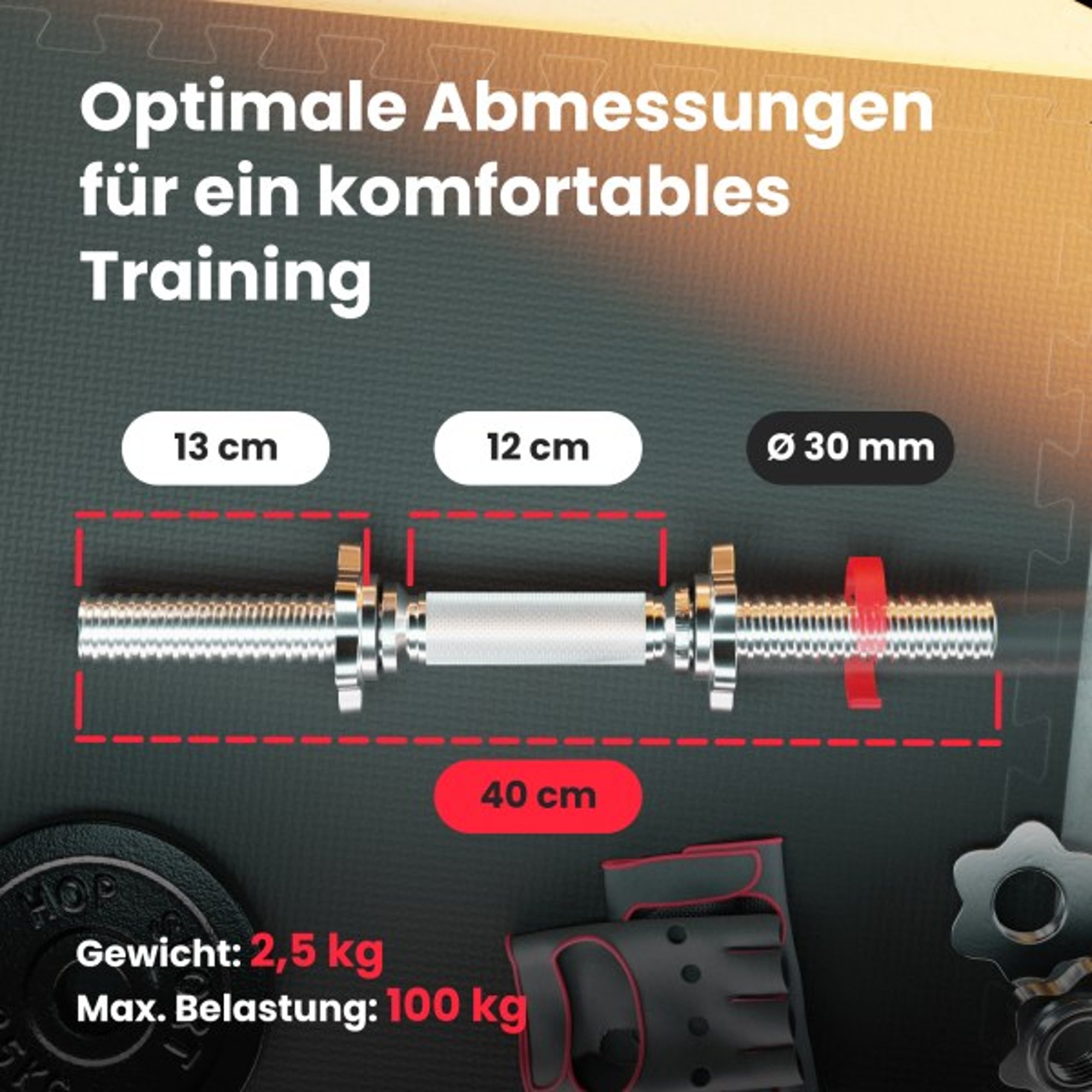 Afmetingen van de Korte Halterstang 40 cm met gewicht- en belastingsinformatie