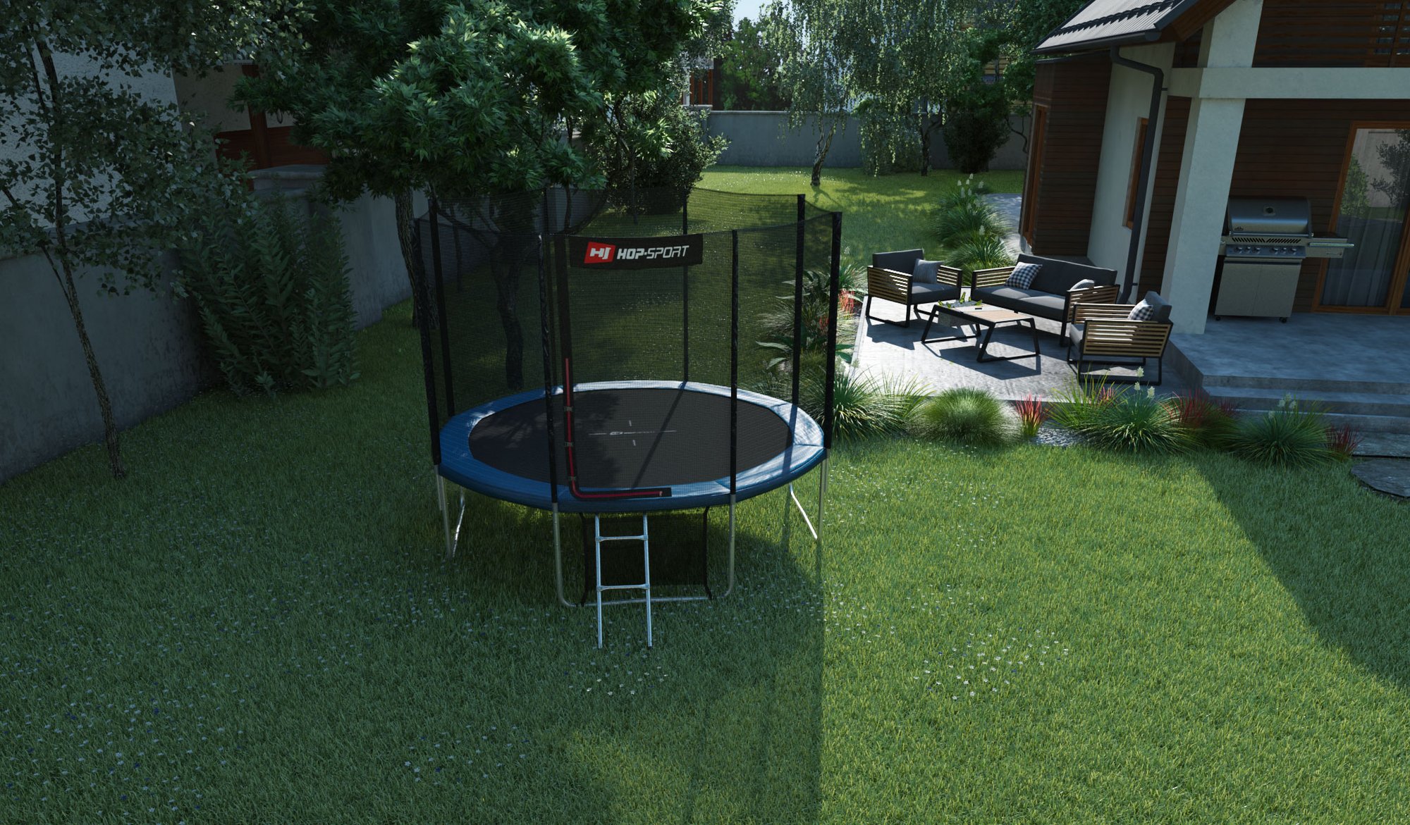 Buiten Trampoline 10FT van Hop-Sport in de tuin