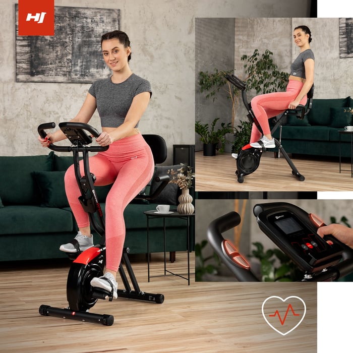 Vrouw traint op X-Bike HS-3030X Apeks in rechte en ligfietspositie met verstelbaar frame.