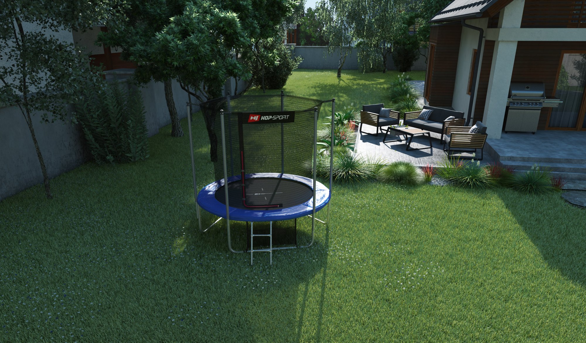 Buitentrampoline 8FT van Hop-Sport in de tuin