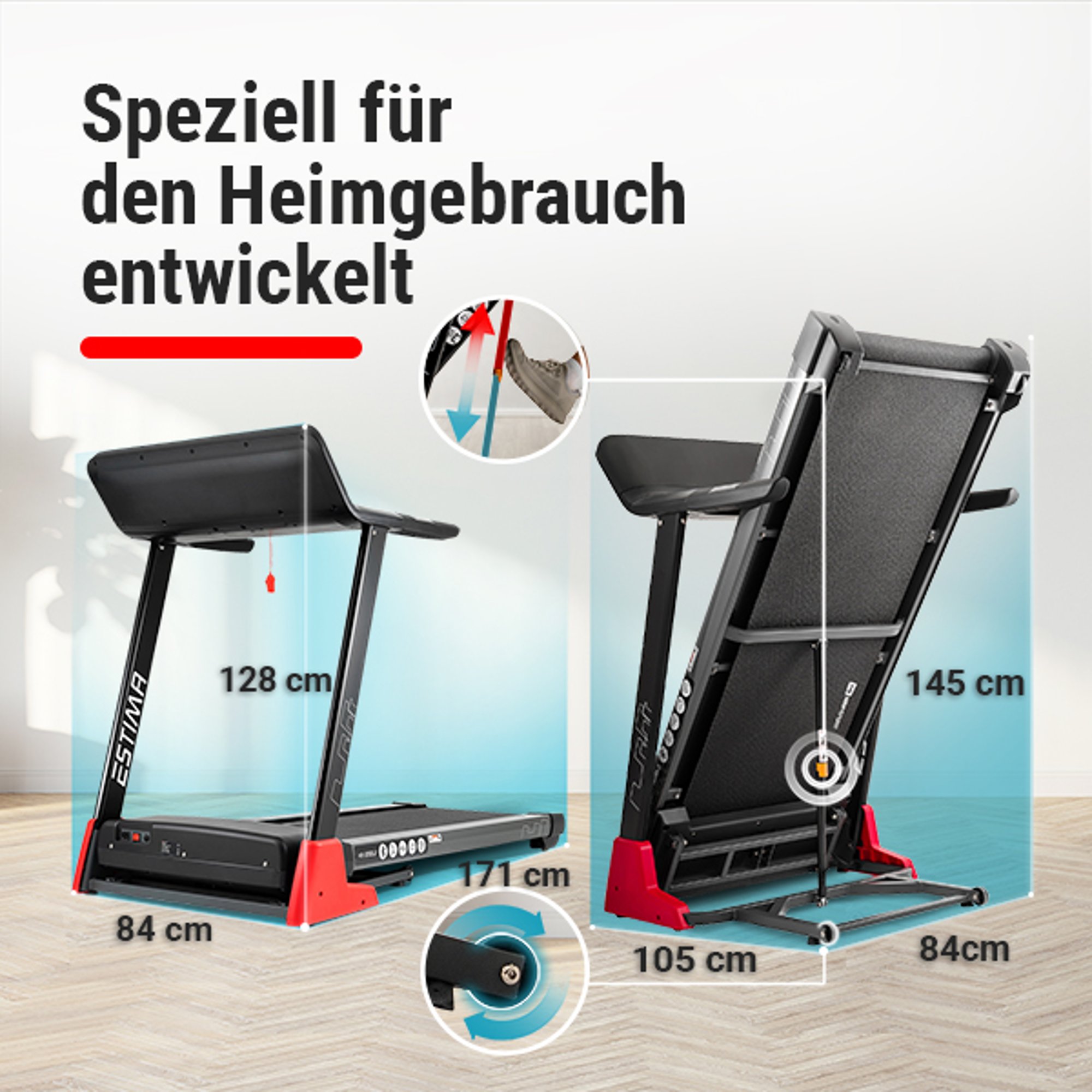 Vouwsysteem en de transportwielen bij loopband HS-3200LB Estima