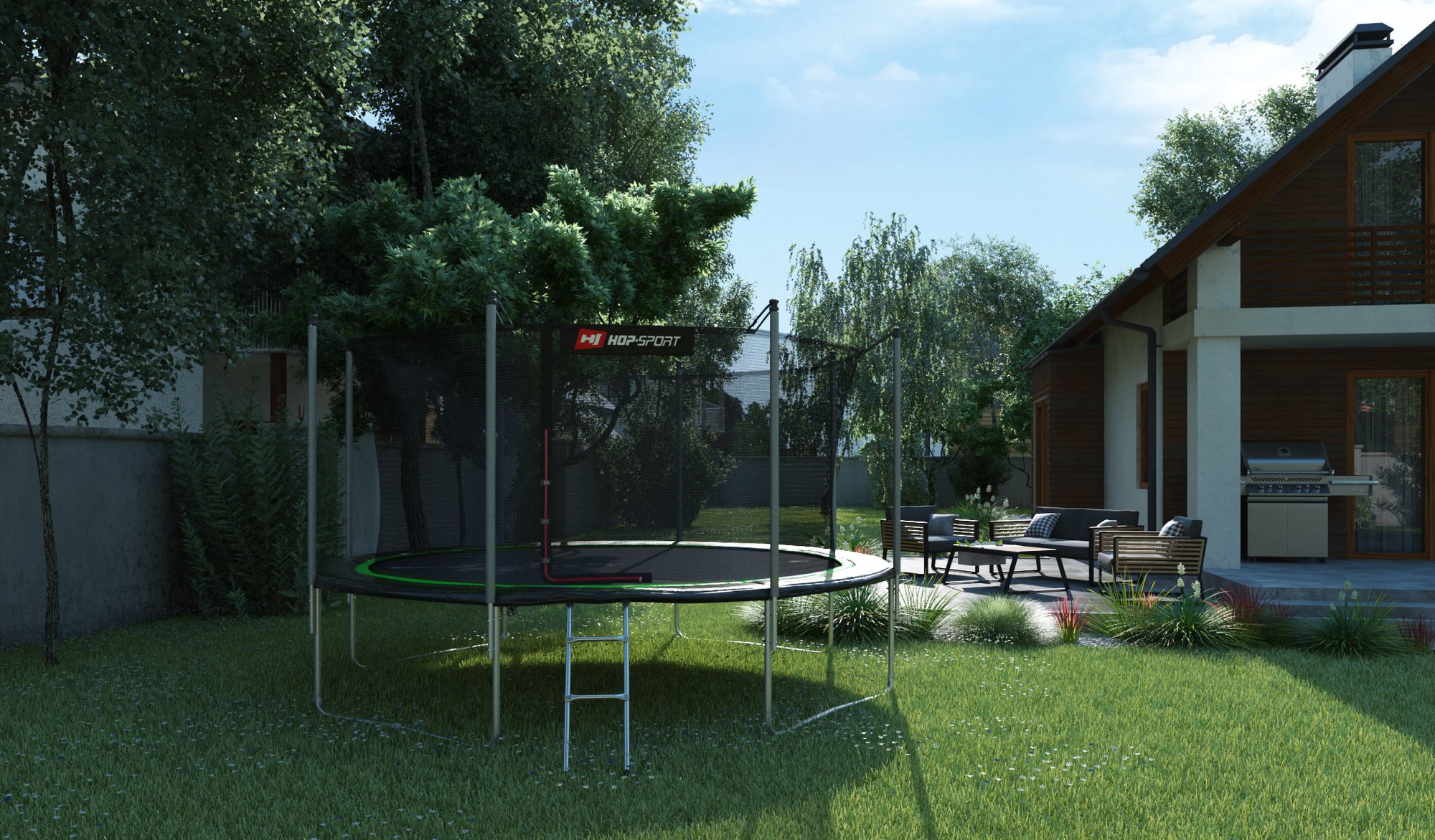 Buitentrampoline 14 FT van Hop-Sport in de tuin