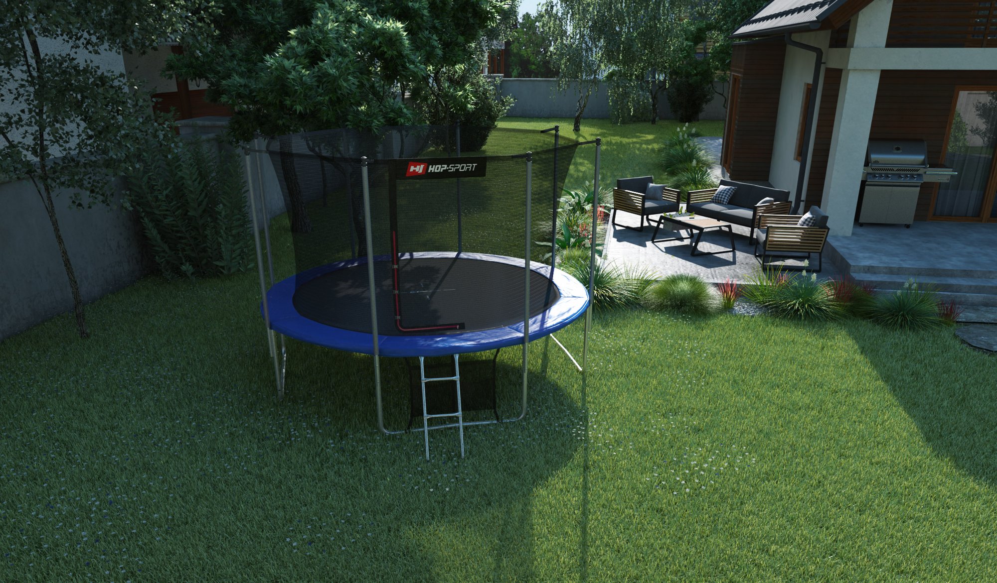 Buitentrampoline 12FT van Hop-Sport in de tuin
