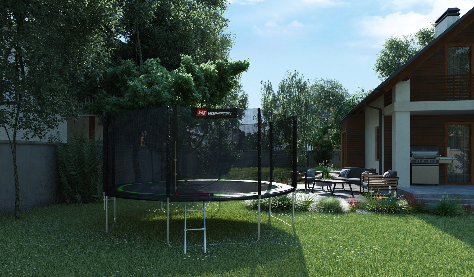 Buitentrampoline 14 FT van Hop-Sport in de tuin