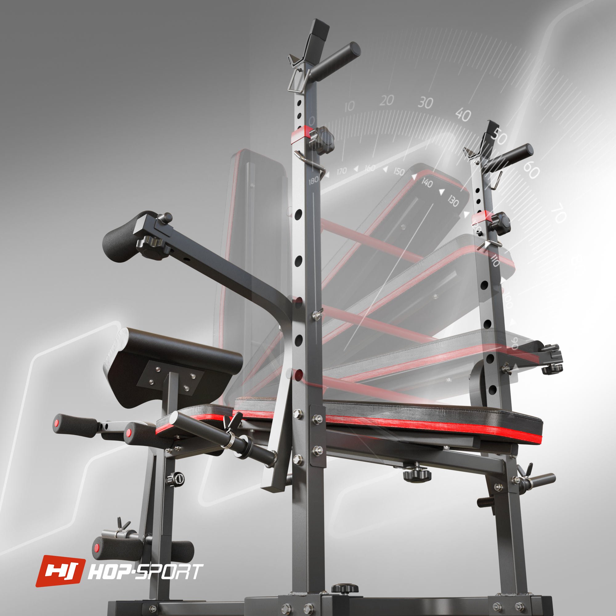 Verstelmogelijkheden van de rugleuning van de Halterbank HS-1065 met Lat Pulldown Toren