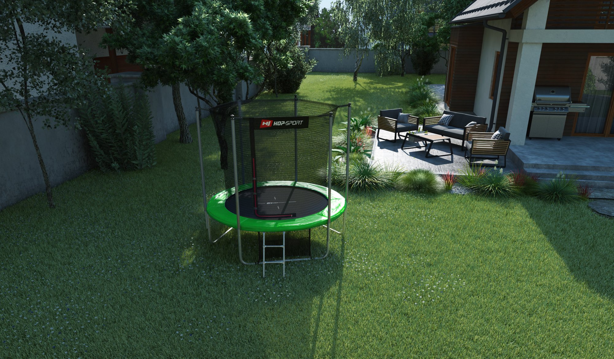 Buitentrampoline 8FT van Hop-Sport in de tuin