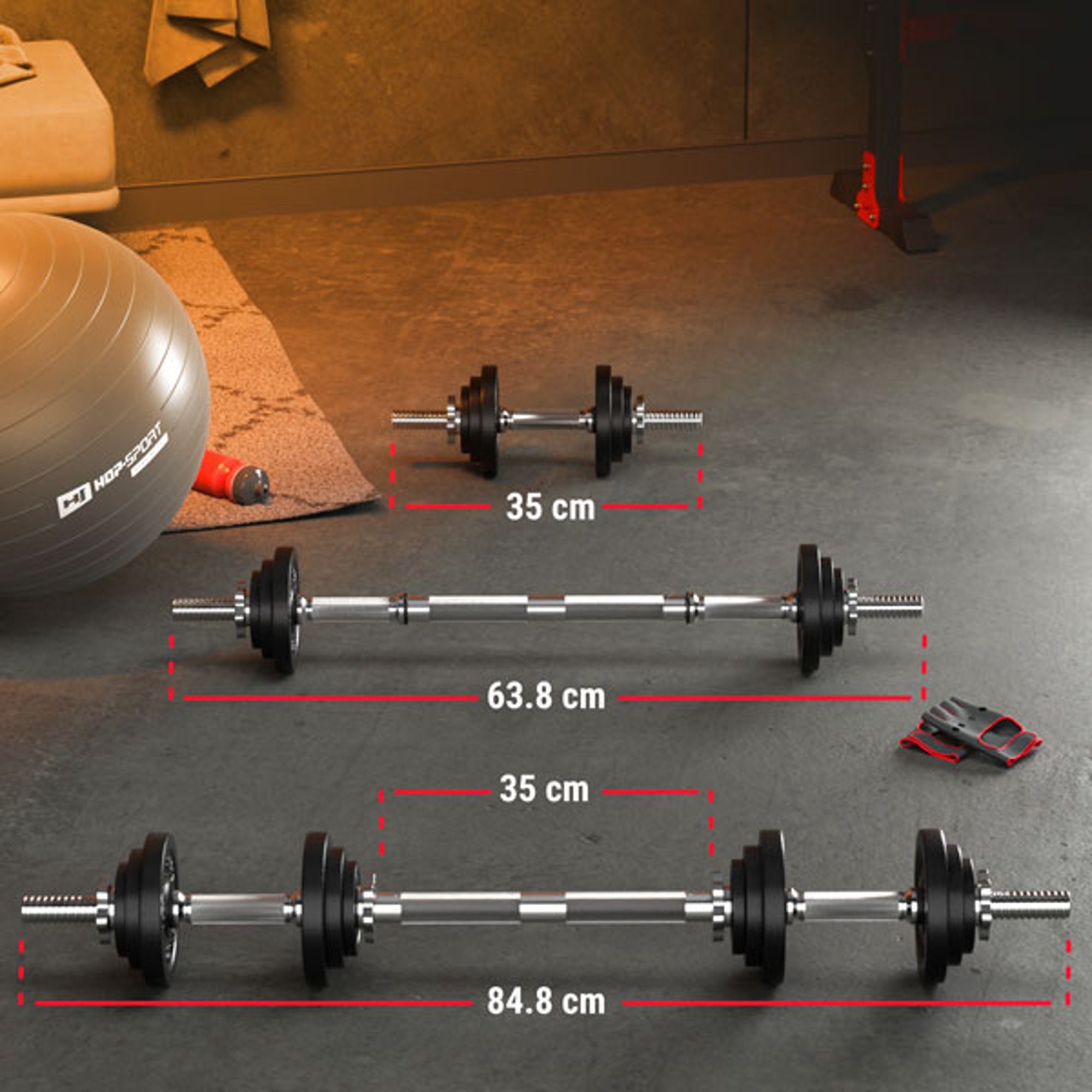 Dumbbell- en barbellcombinaties in verschillende configuraties met stalen halterstangen en gewichten