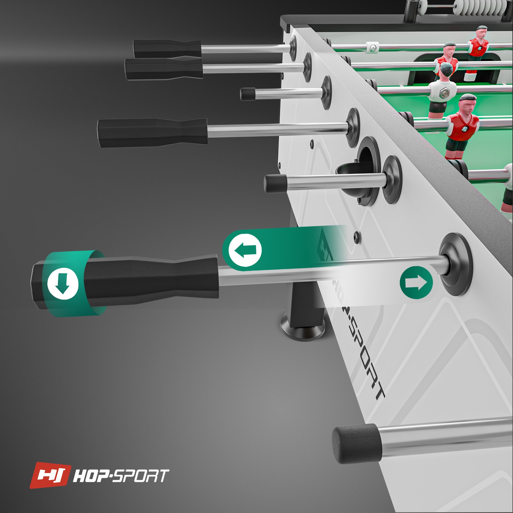 Ergonomische vorm van de handgrepen van duurzaam rubber bij de tafelvoetbal Evolution van Hop-Sport