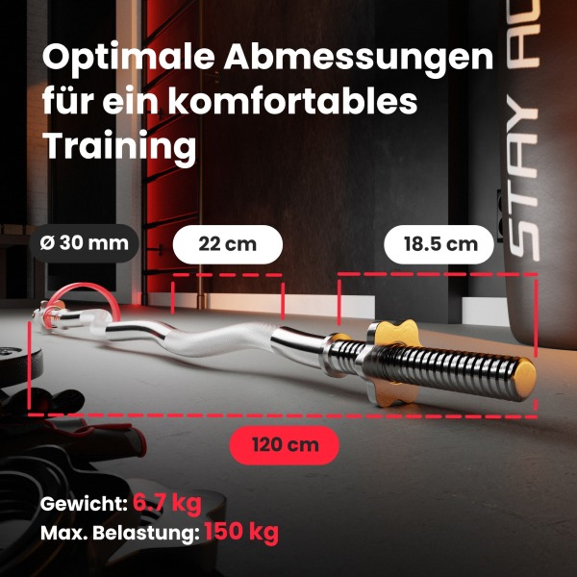 Afmetingen van de SZ-stang 120 cm met gewicht- en belastingsgegevens