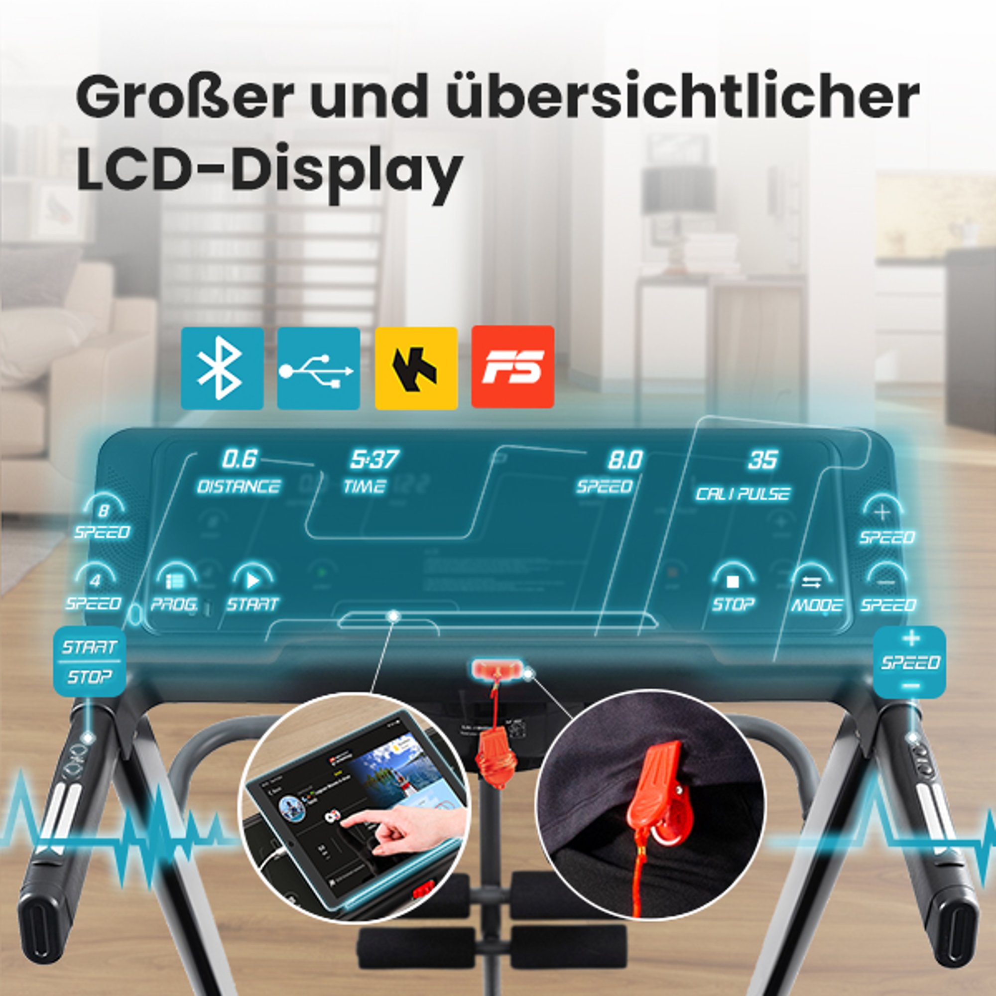 Grote en overzichtelijke trainingscomputer bij de loopband HS-900LB Clip, weergave van de belangrijkste trainingsparameters, compatibiliteit met applicaties zoals Kinomap en FitShow
