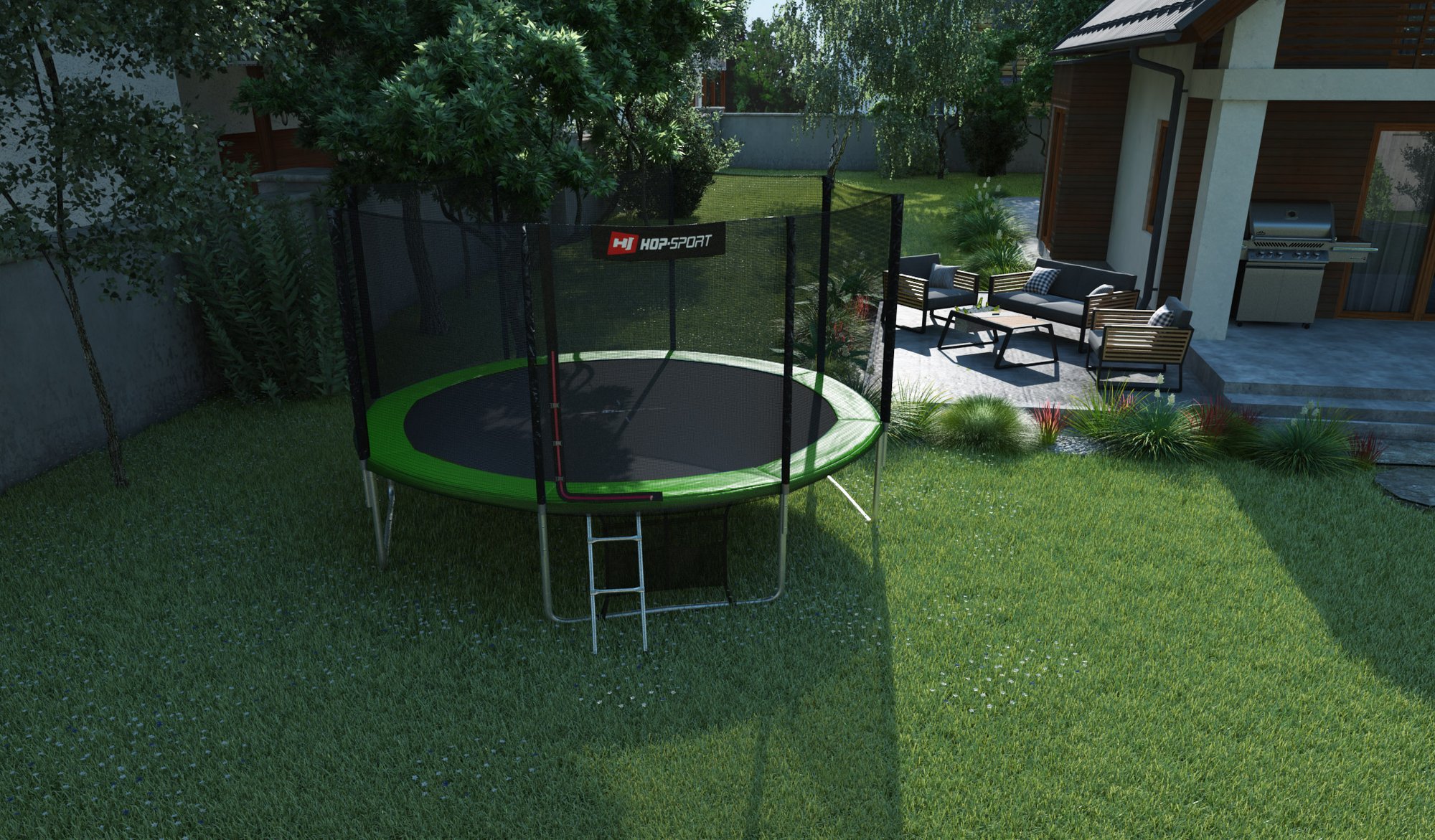 Buiten Trampoline 14 FT van Hop-Sport in de tuin