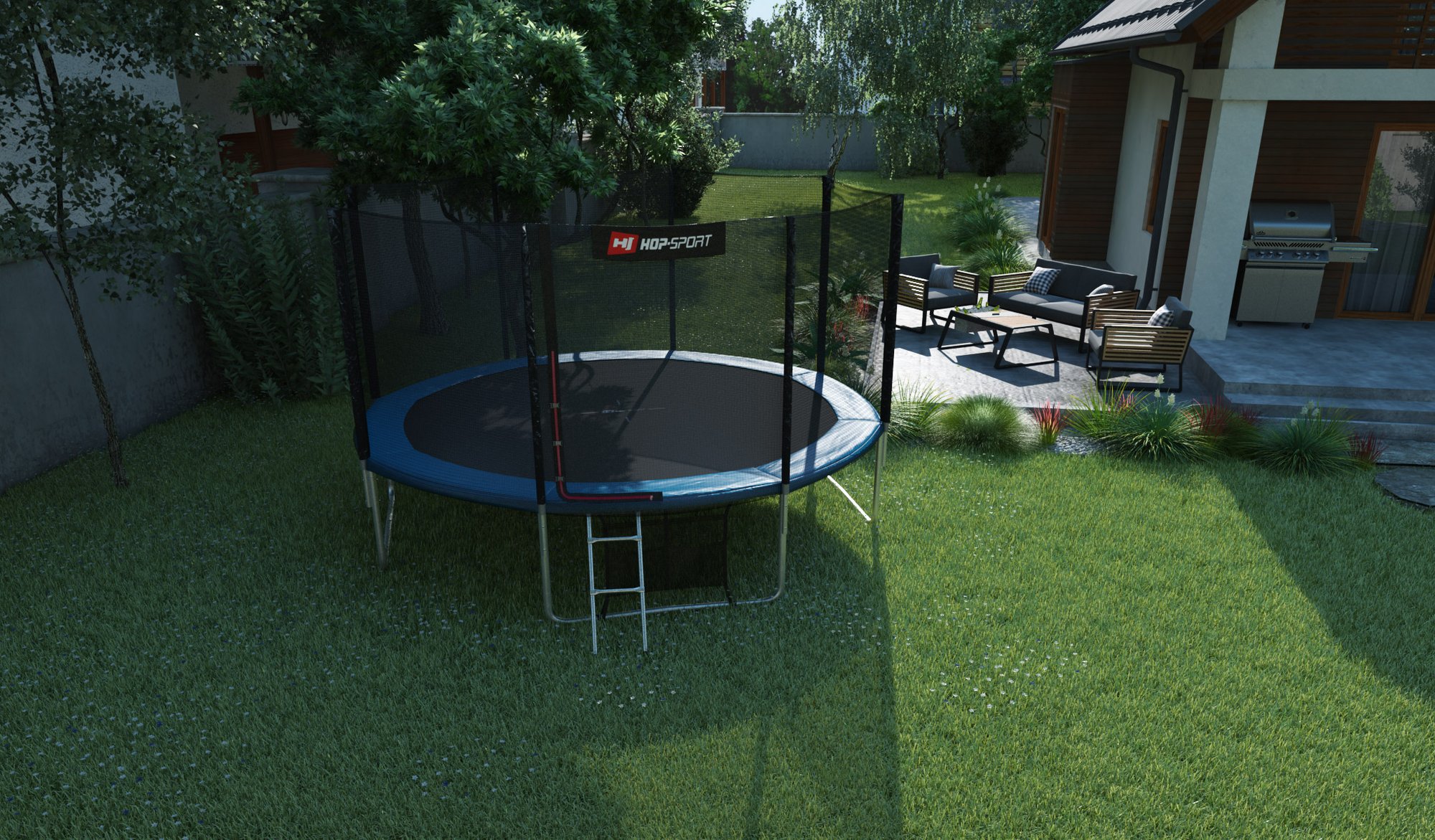 Buitentrampoline 14 FT van Hop-Sport in de tuin