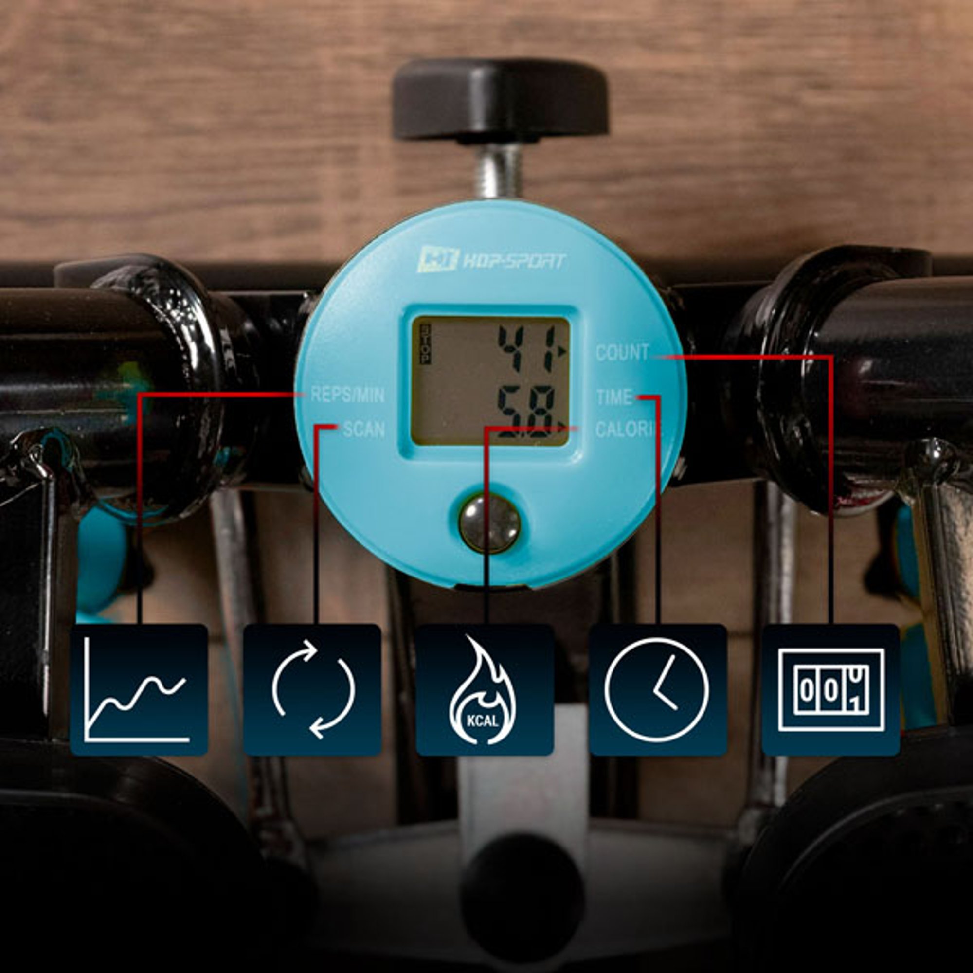 Trainingscomputer met de belangrijkste trainingsparameters zoals tijd, aantal stappen, verbrande calorieën bij de Stepper 035S van Hop-Sport