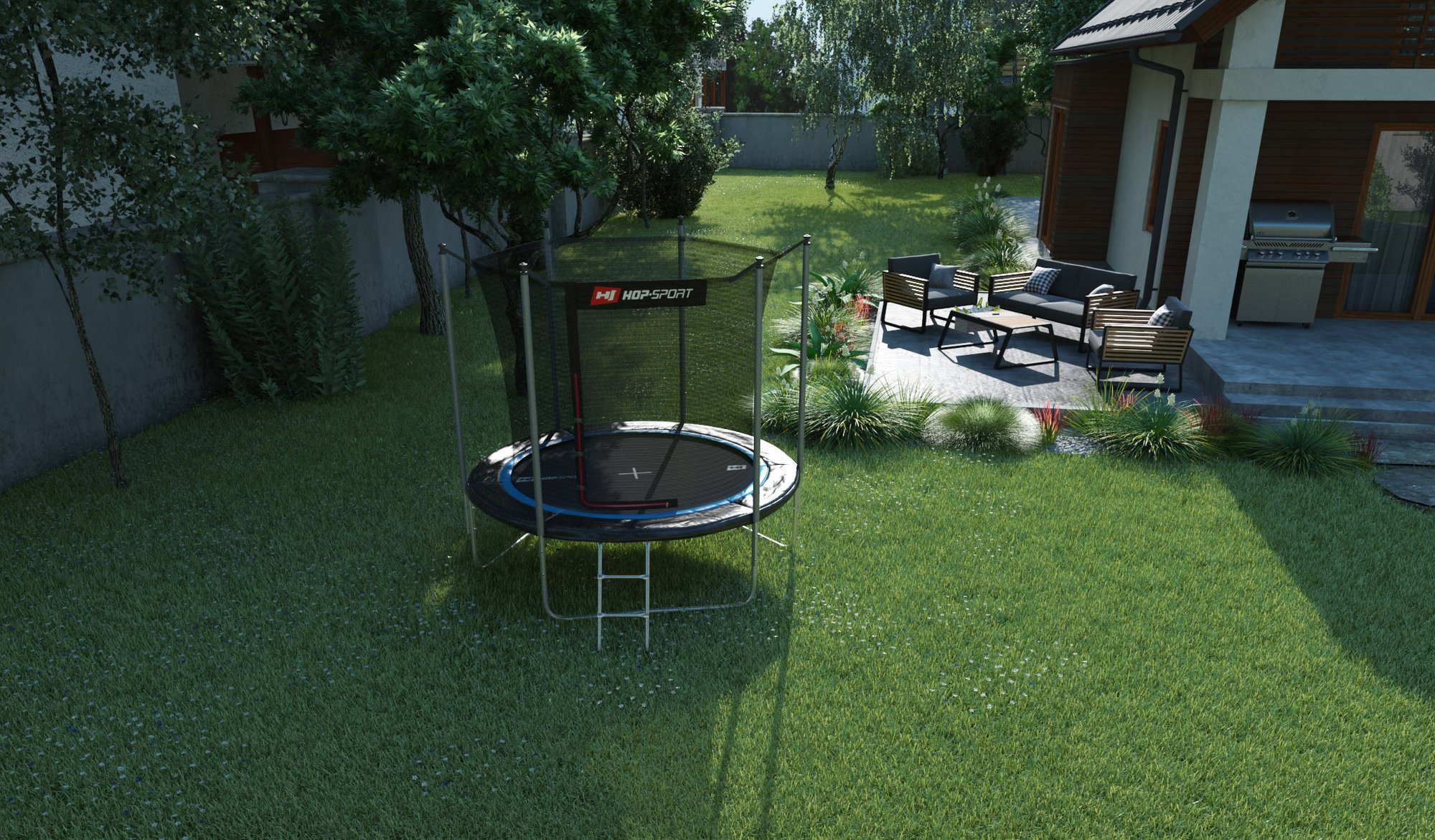 Buitentrampoline 8FT van Hop-Sport in de tuin