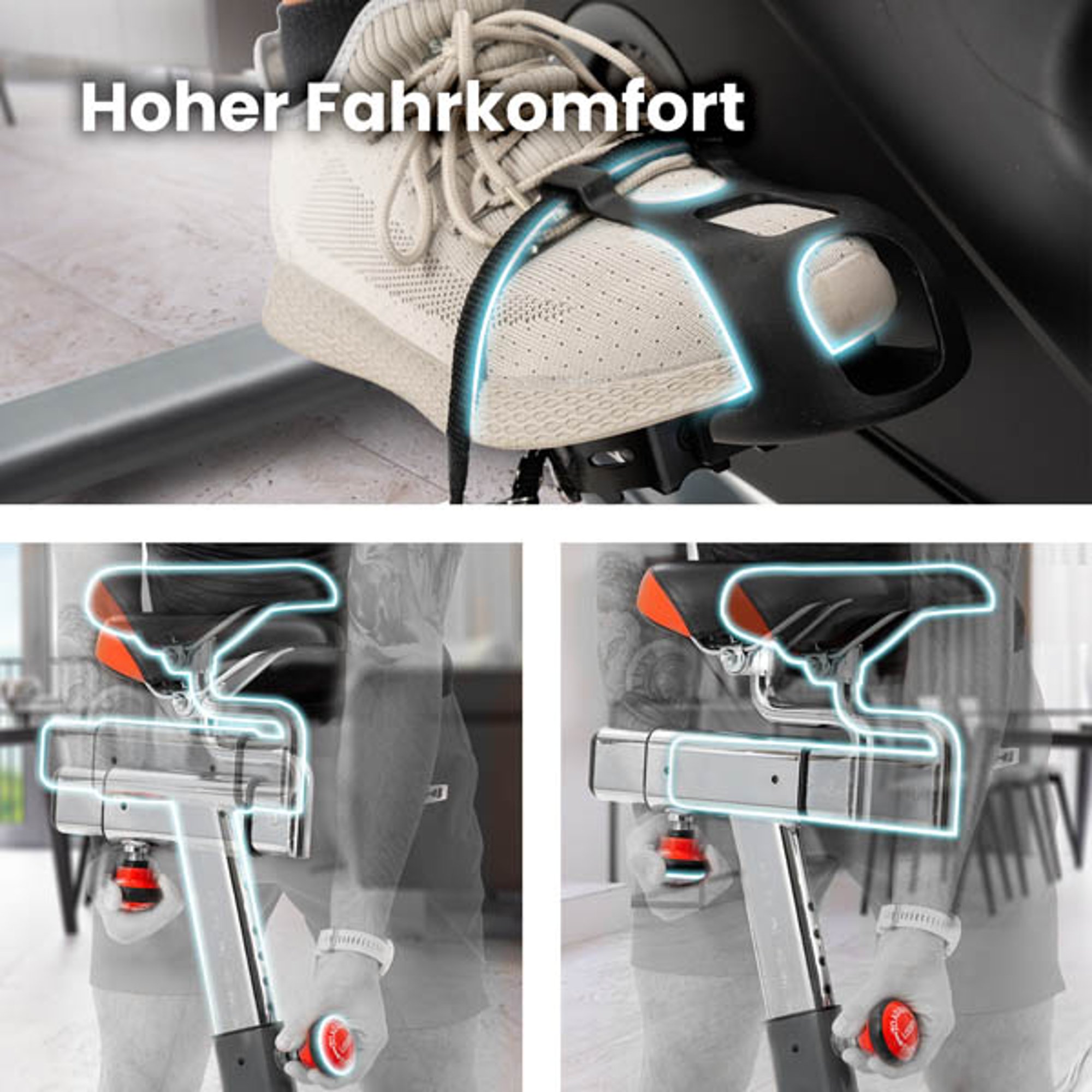 De horizontaal en verticaal verstelbare zadel, de pedalen met spikes en bevestigingsriemen
