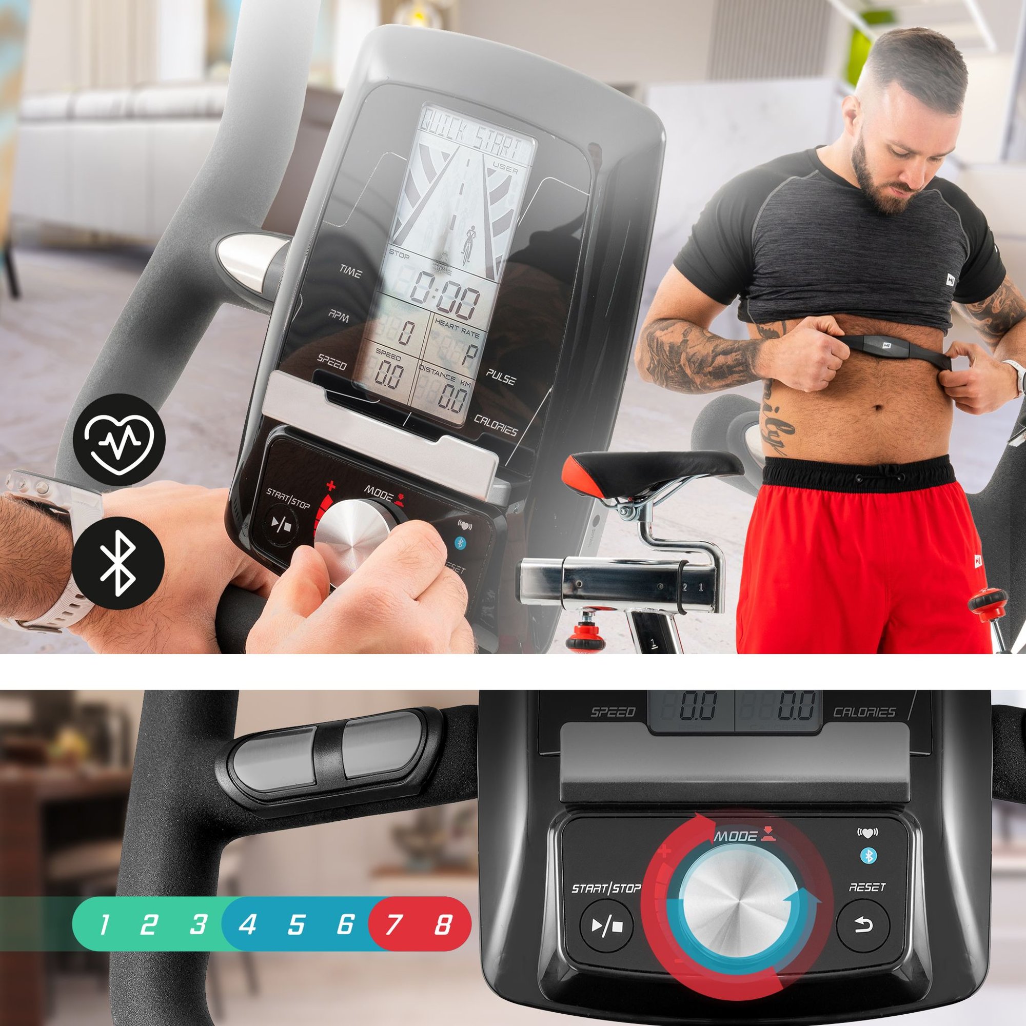 Technologisch geavanceerde trainingscomputer en de draaiknop voor het instellen van het prestatieniveau