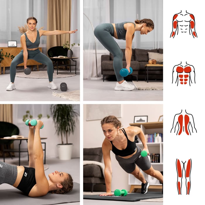 Vrouwen trainen met kleurrijke neopreen dumbbells in verschillende oefeningen binnenshuis.