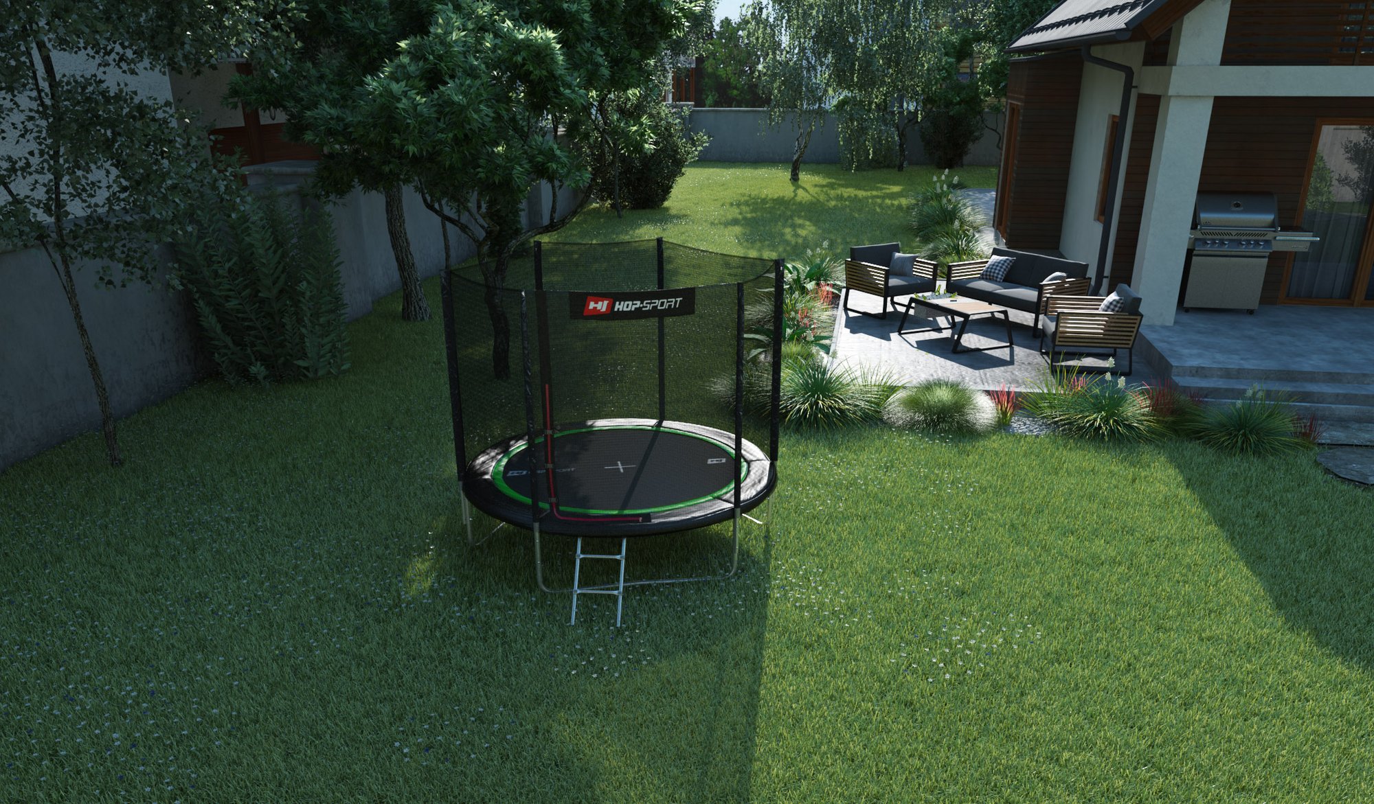 Buitentrampoline 8FT van Hop-Sport in de tuin