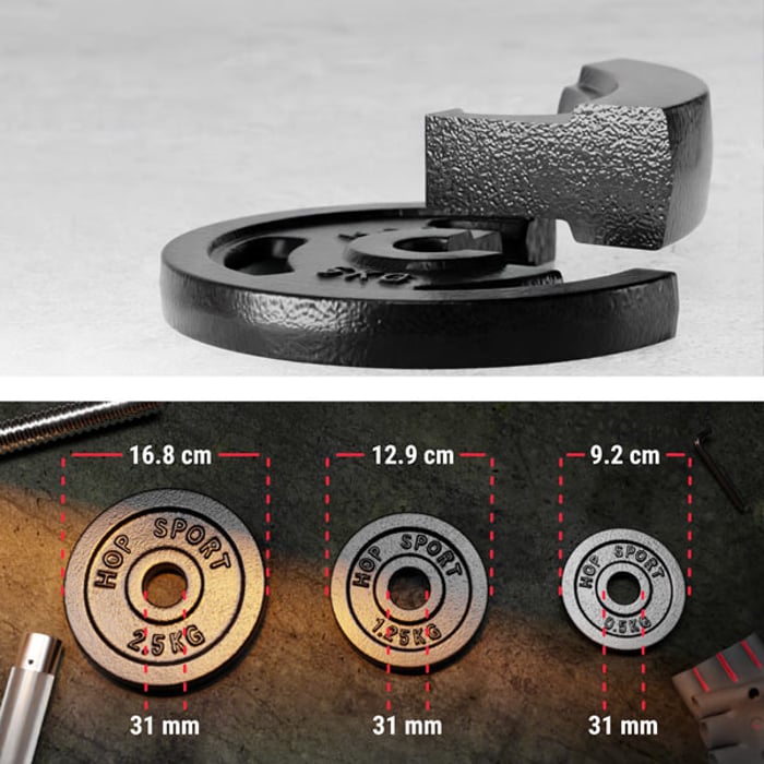 Doorsnede van gietijzeren gewicht met laklaag, plus overzicht van schijven met afmetingen en 31 mm boring.