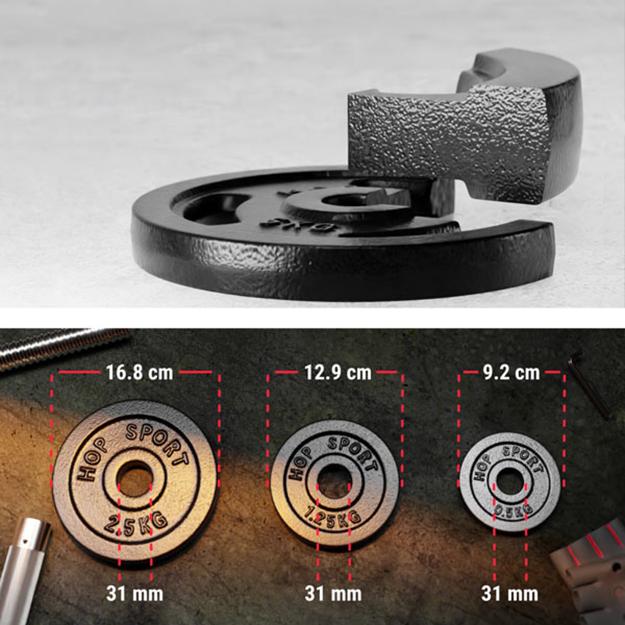 Doorsnede van gietijzeren gewicht met laklaag, plus overzicht van schijven met afmetingen en 31 mm boring.