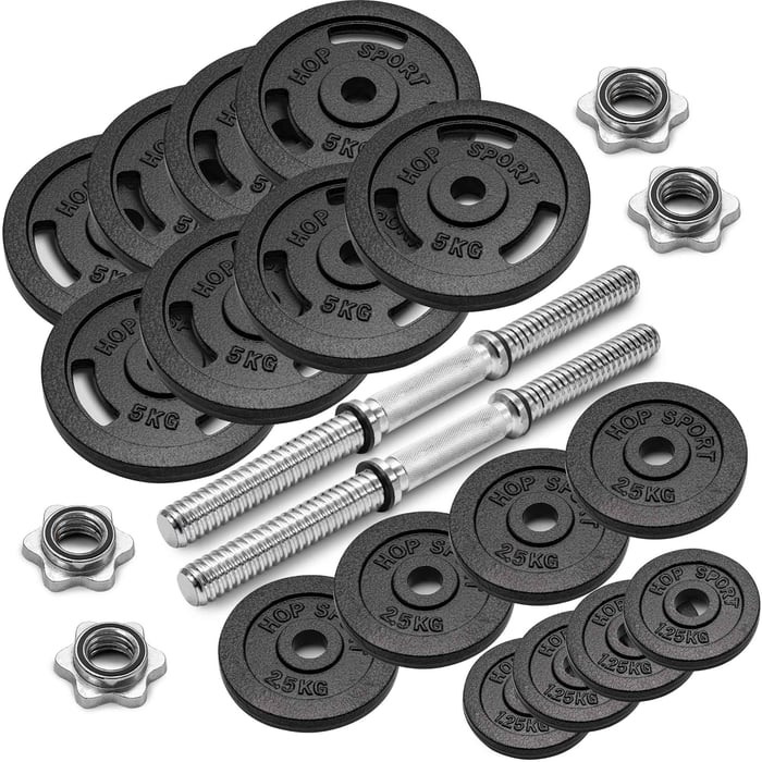 Complete halterset met 5 kg, 2,5 kg en 1,25 kg gietijzeren schijven