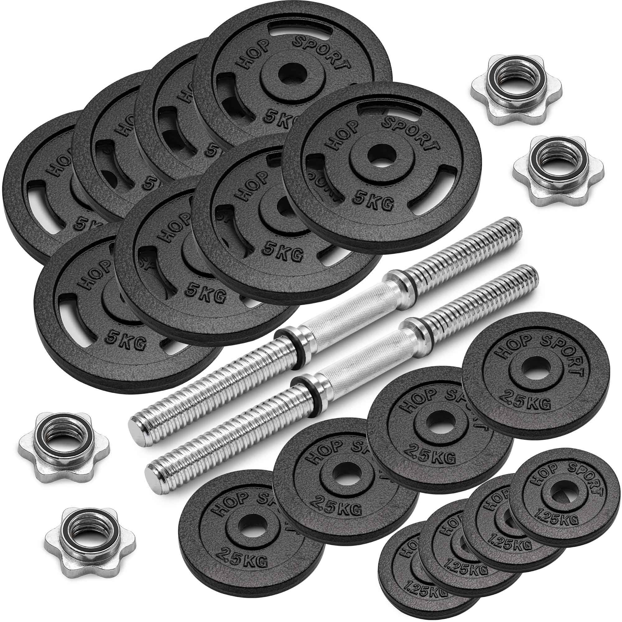 Complete halterset met 5 kg, 2,5 kg en 1,25 kg gietijzeren schijven