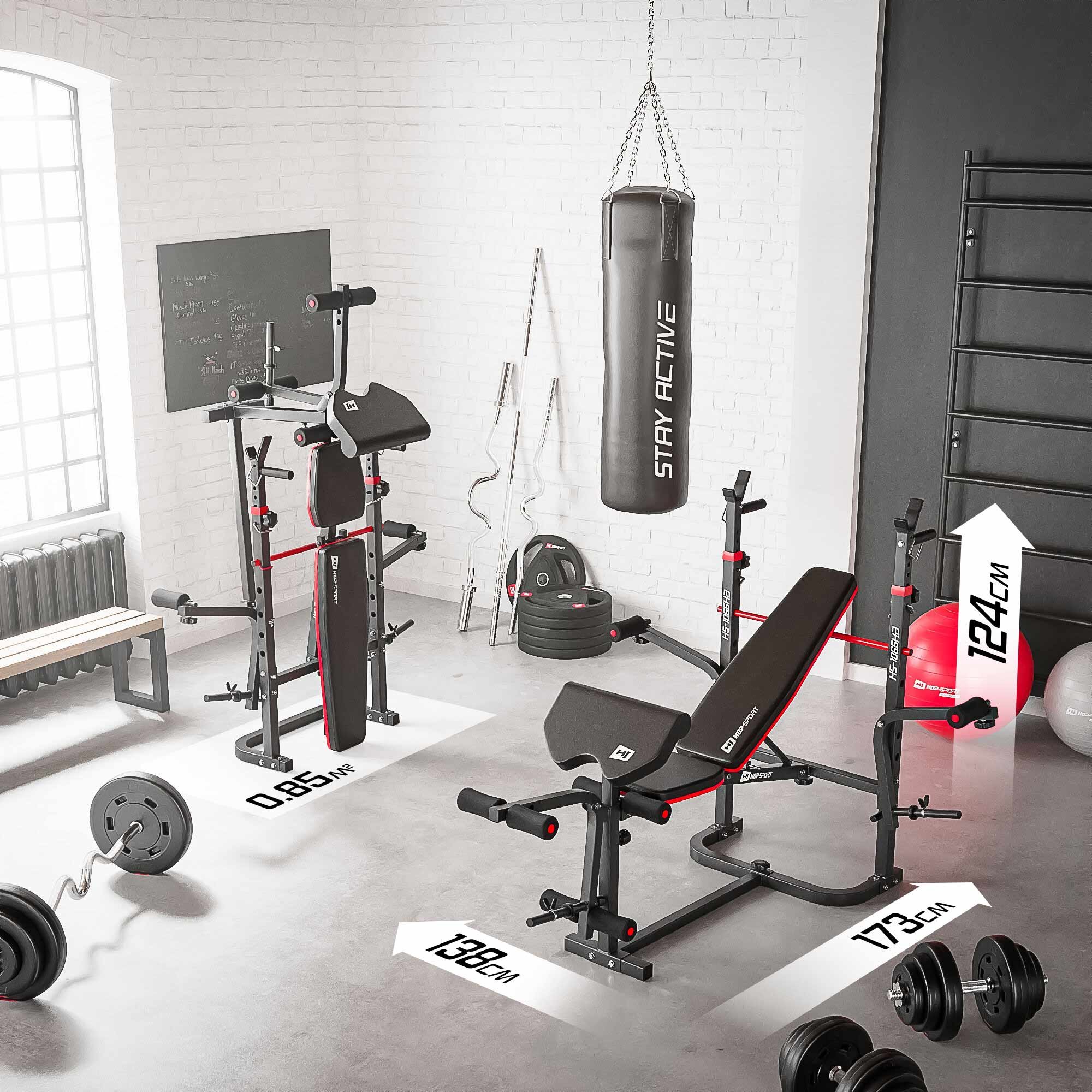 Afmetingen van de Halterbank HS-1065 met Lat Pulldown Toren
