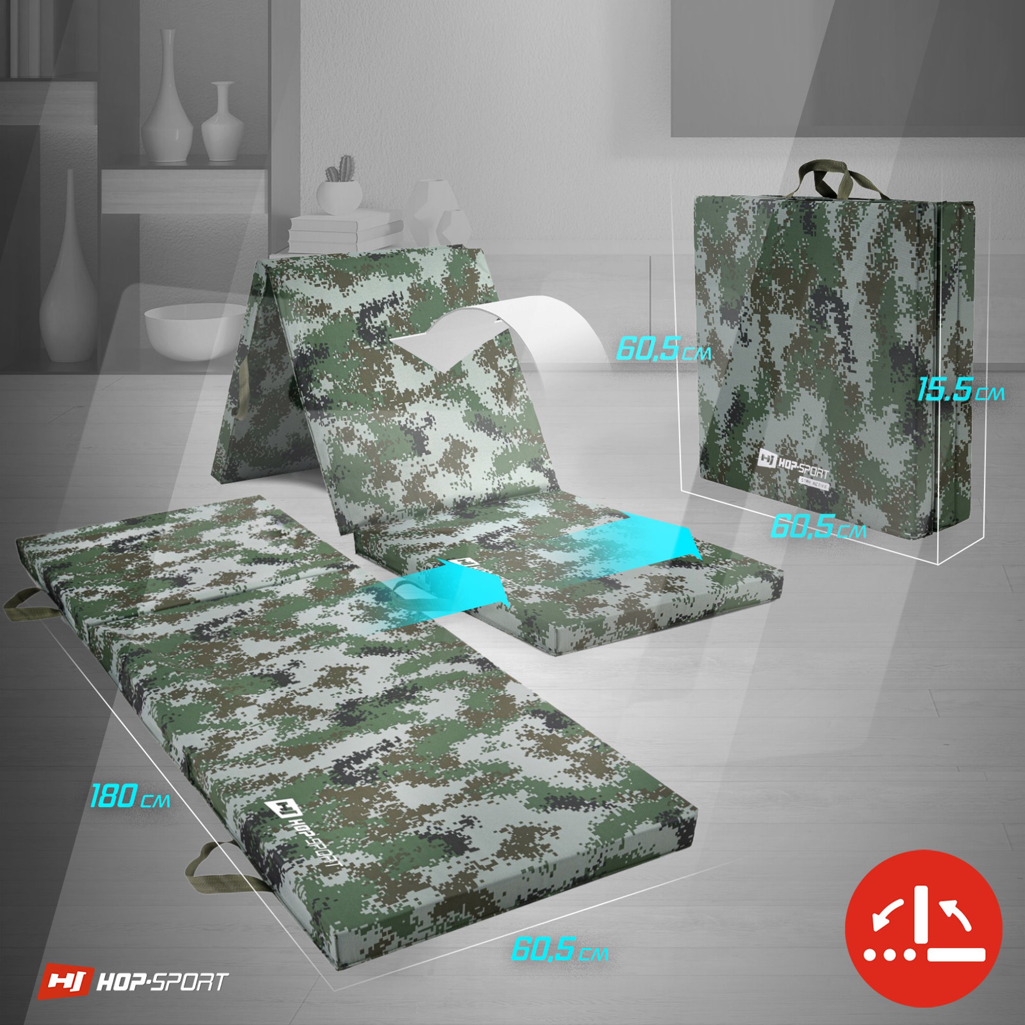 Afmetingen en vouwmogelijkheden turnmat camouflagepatroon