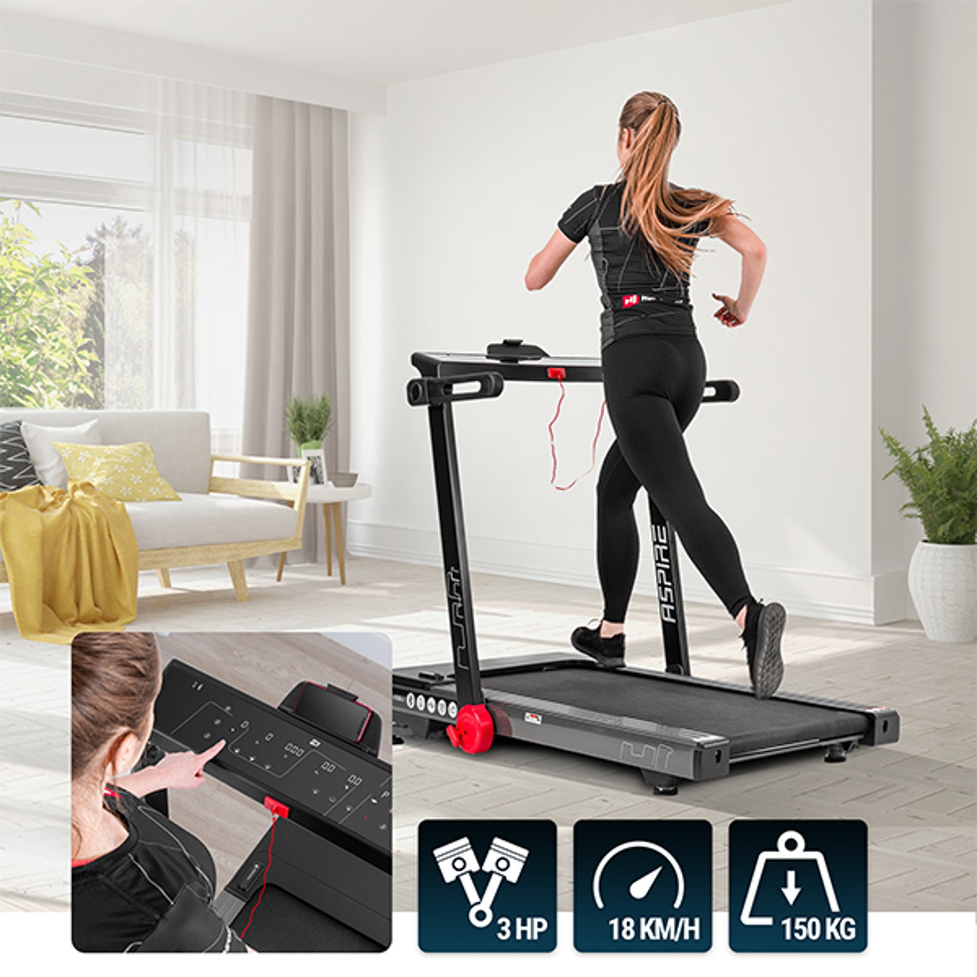 3-PS-motor met een snelheid tot 18 km/u, maximale belasting van 150 kg bij loopband HS-2500LB Aspire
