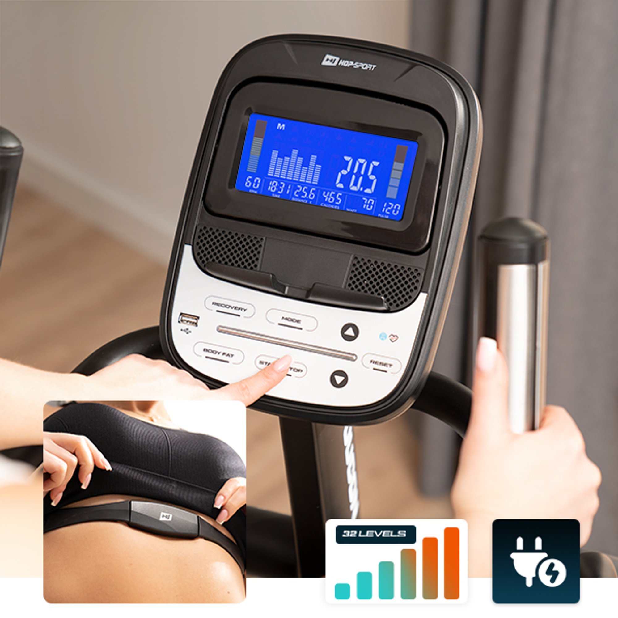 Moderne trainingscomputer met Bluetooth, USB en applicaties zoals Kinomap, Iconsole+