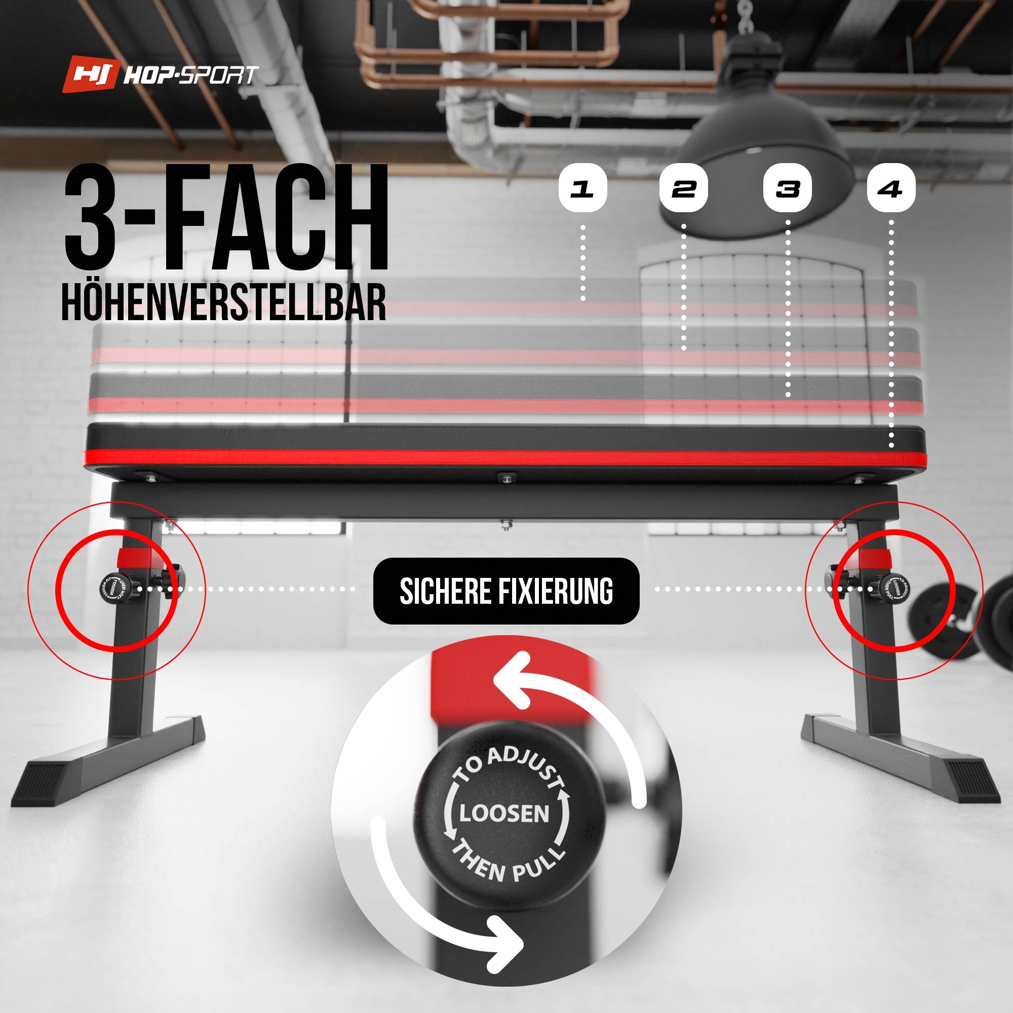 Hoogteverstelling van de halterbank HS-1025