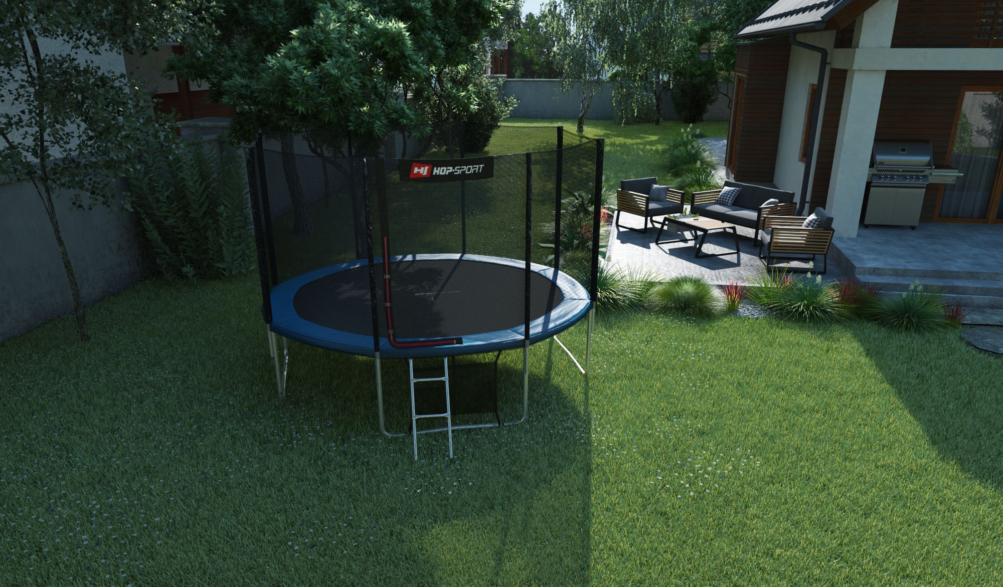 Buitentrampoline 12FT van Hop-Sport in de tuin