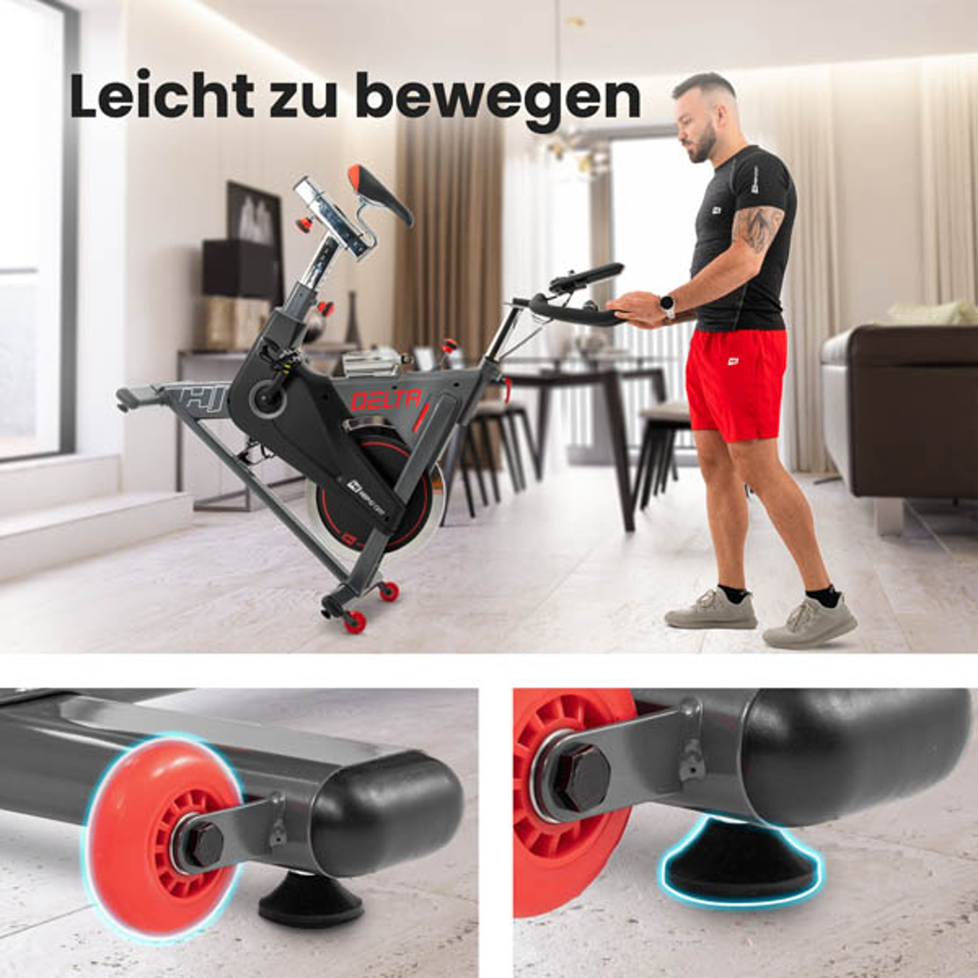 De transportwielen en de nivelleervoeten bij Indoor Bike HS-065ic Delta