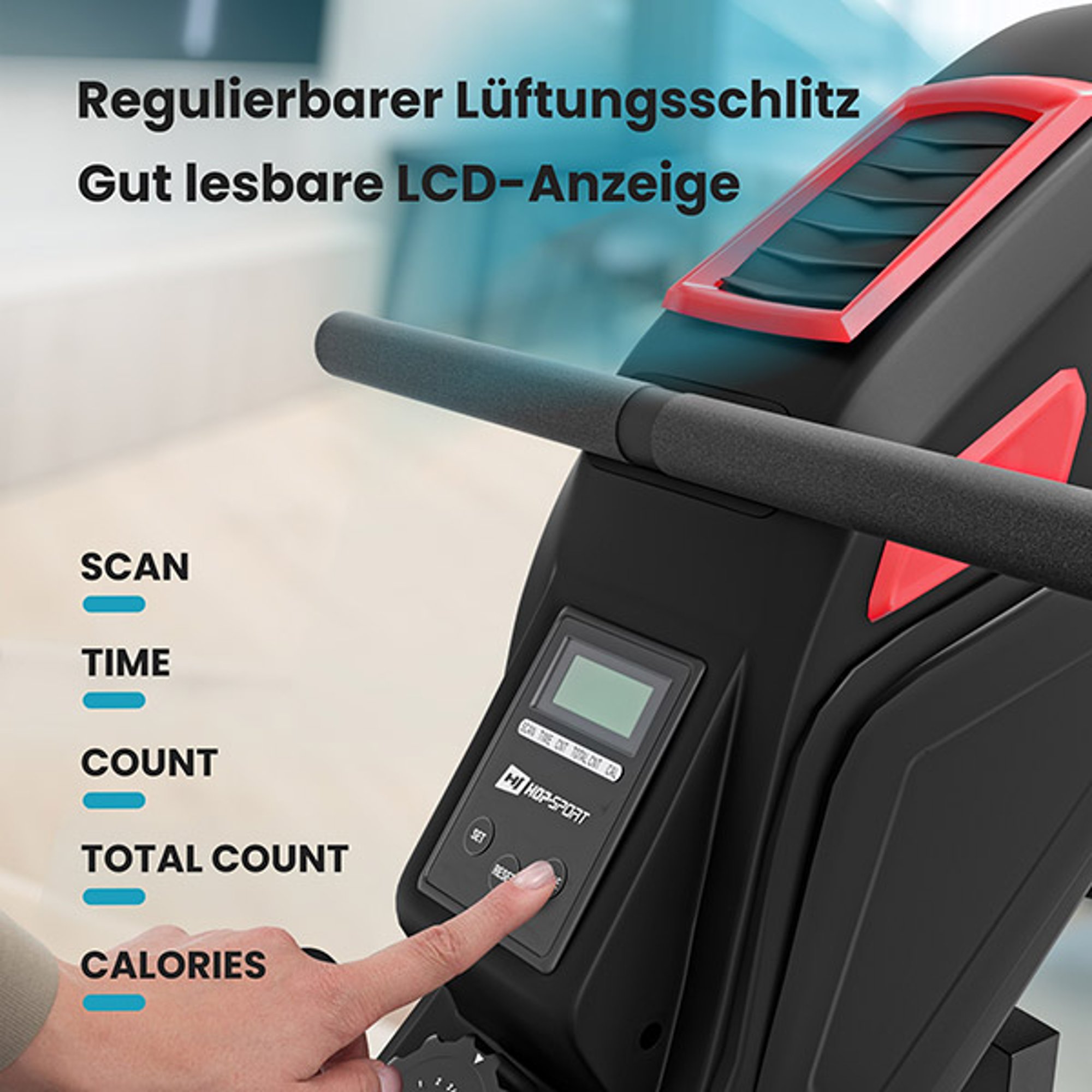 Overzichtelijke trainingscomputer met de belangrijkste trainingsparameters bij de roeimachine 070R Rush 