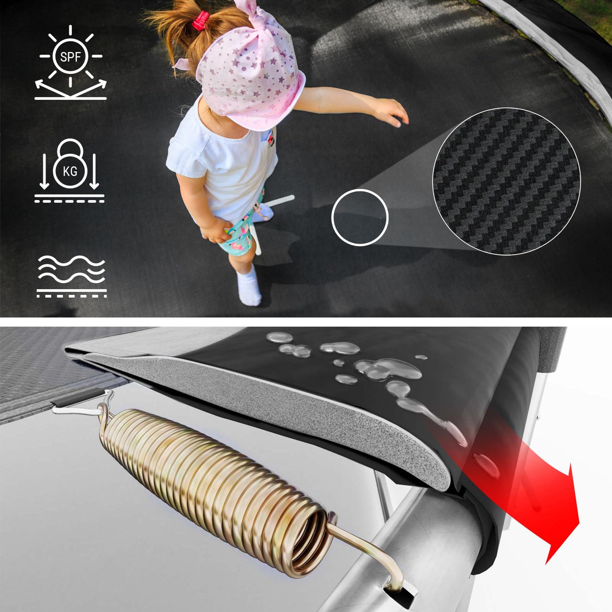 Innovatieve netstangen Pompoenvormige constructie van de trampoline zorgt dankzij de afstanden tussen de stangen en het veiligheidsnet voor veiligheid bij het springen