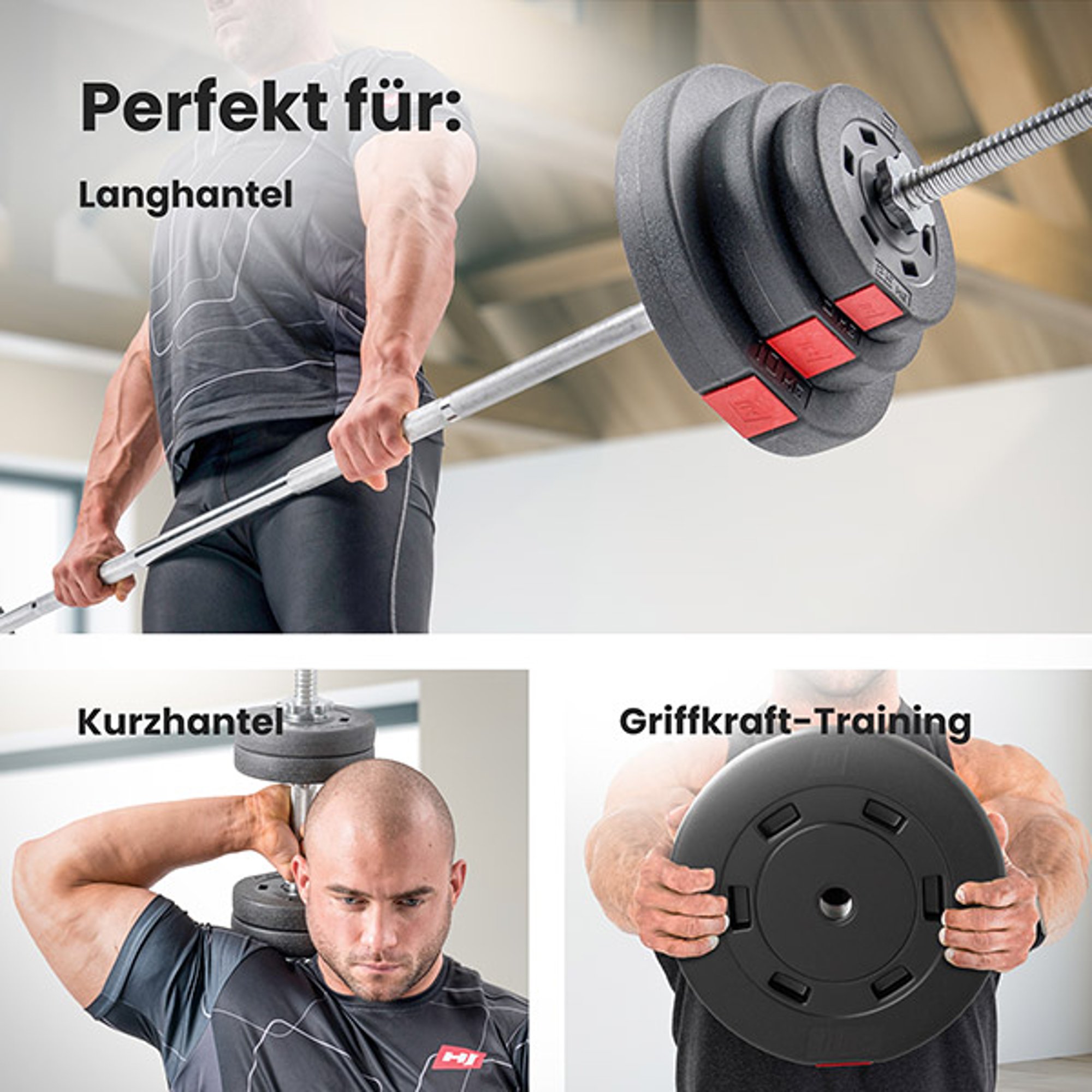 Voorstelling van mogelijke oefeningen met lange halter, korte halter, als gripkracht-training